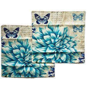 Teal Dahlia Floral Country Farmhouse Cottage Core Throw Pillow Covers Set of 2